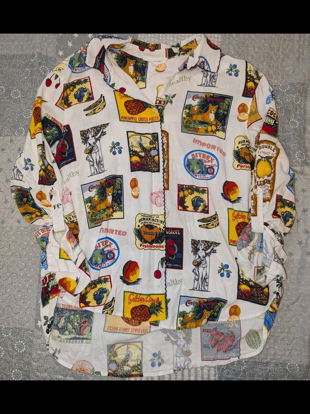 Jane + Delancey Button Up Shirt Dress Novelty Print Fruit Cottage Country M Size